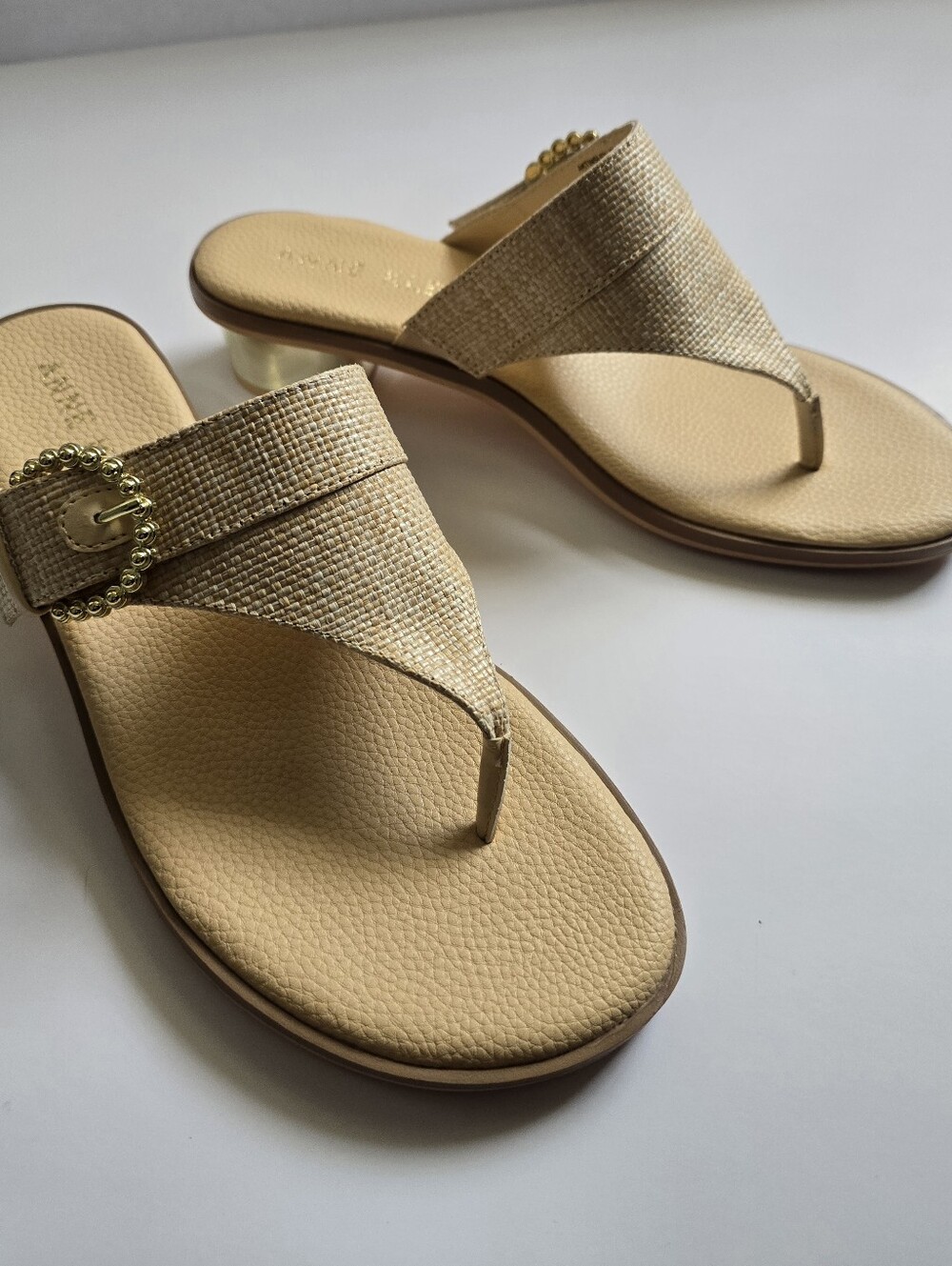 Anne Klein Neutral Beige Thong Sandals with Gold Buckle